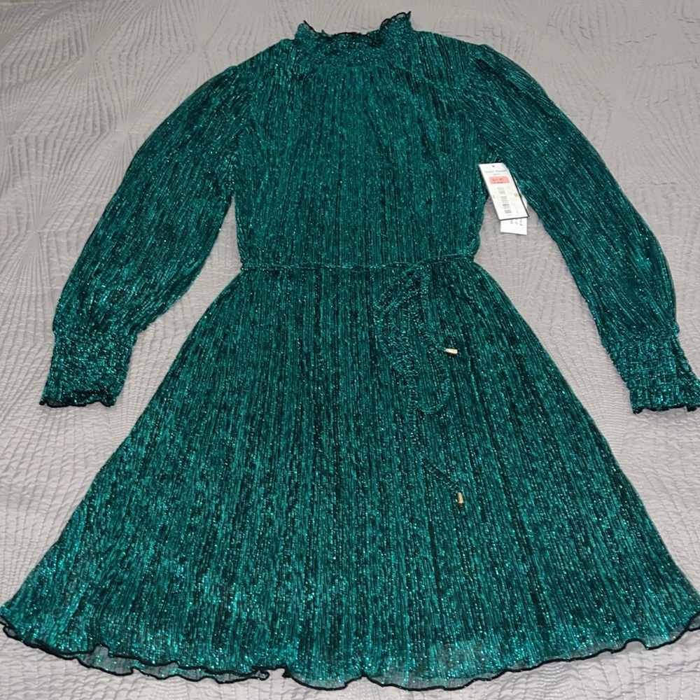 Jessica Howard Women’s Metallic Green Long Sheer Sleeve Dress size 12 NWT